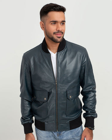 Armin Blue Bomber Aviator Leather Jacket - Zipped