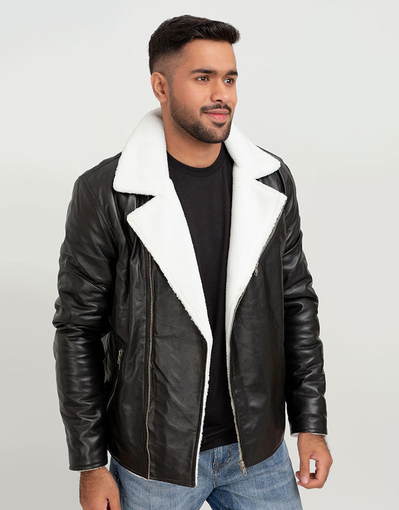 Aster Black & White Snowdrift Shearling Leather Jacket - Front