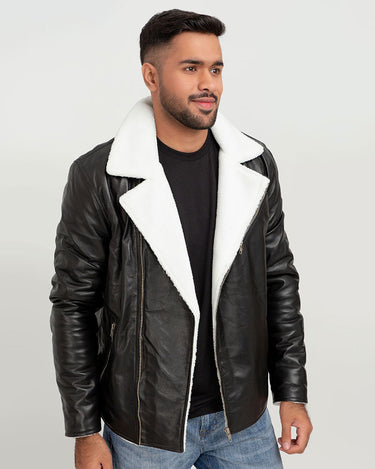 Aster Black & White Snowdrift Shearling Leather Jacket - Front