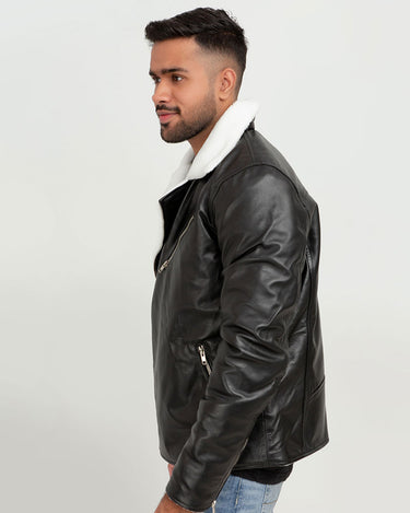 Aster Black & White Snowdrift Shearling Leather Jacket - Left