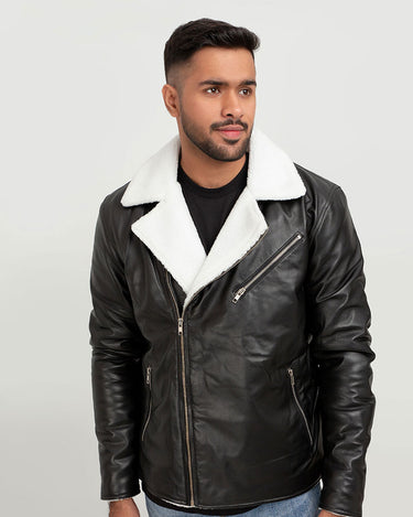 Aster Black & White Snowdrift Shearling Leather Jacket - Zipped