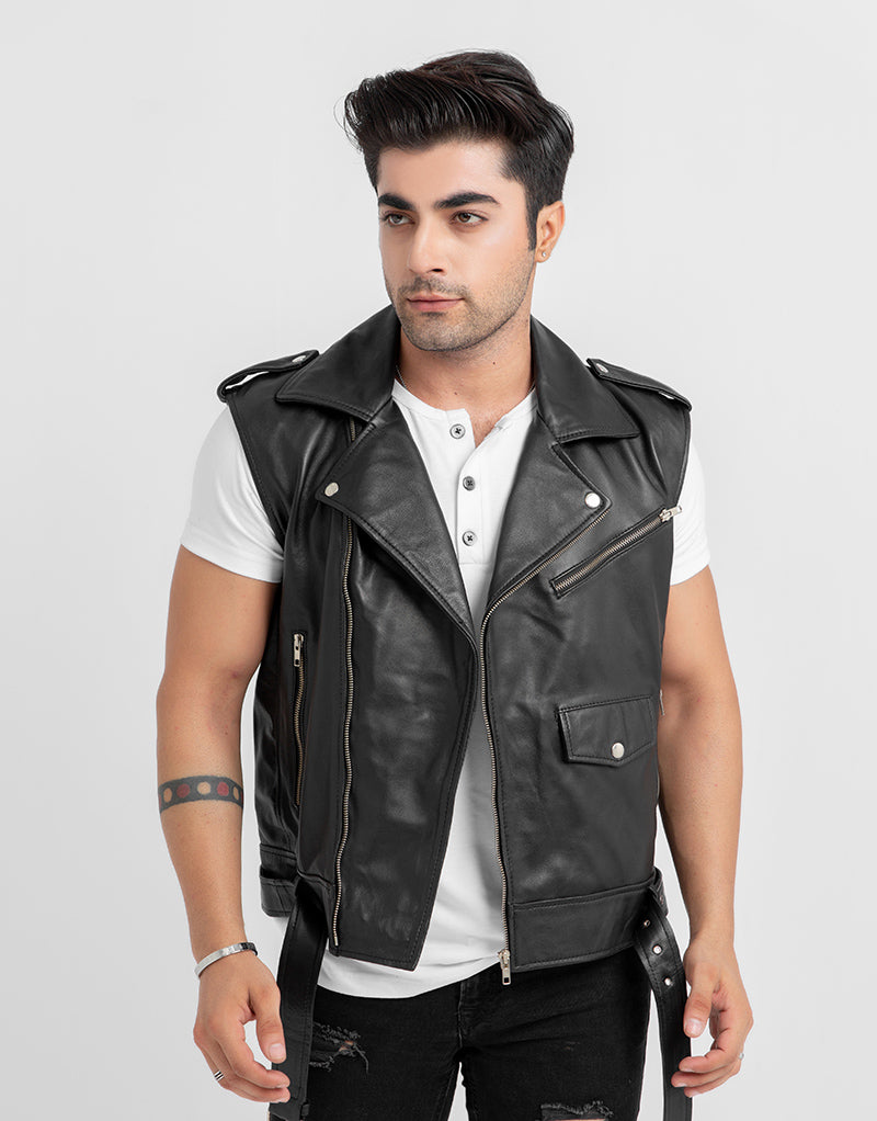 Auberon Black Leather Biker Vest - Front