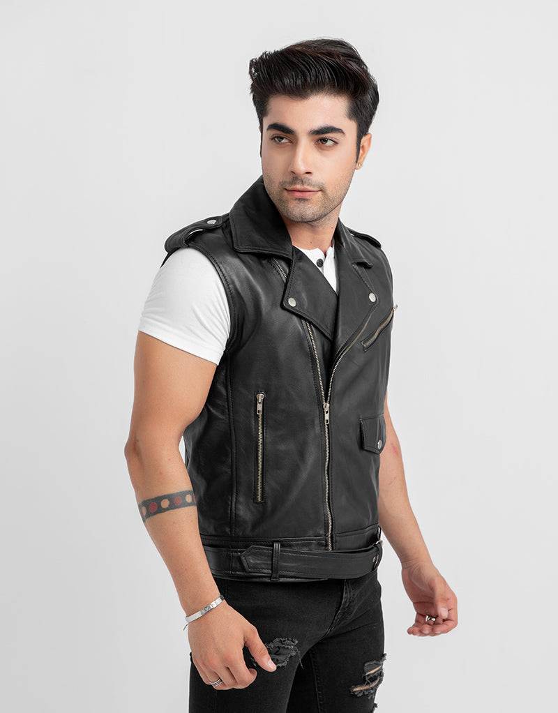 Auberon Black Leather Biker Vest - Left