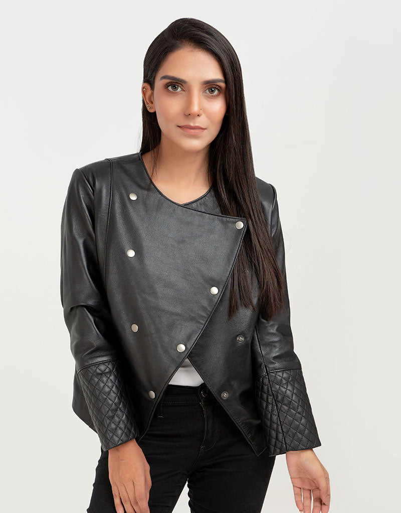 Blair Upper East Side Black Leather Jacket - Buttoned