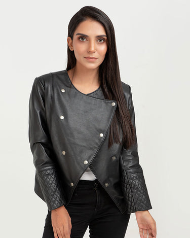 Blair Upper East Side Black Leather Jacket - Buttoned