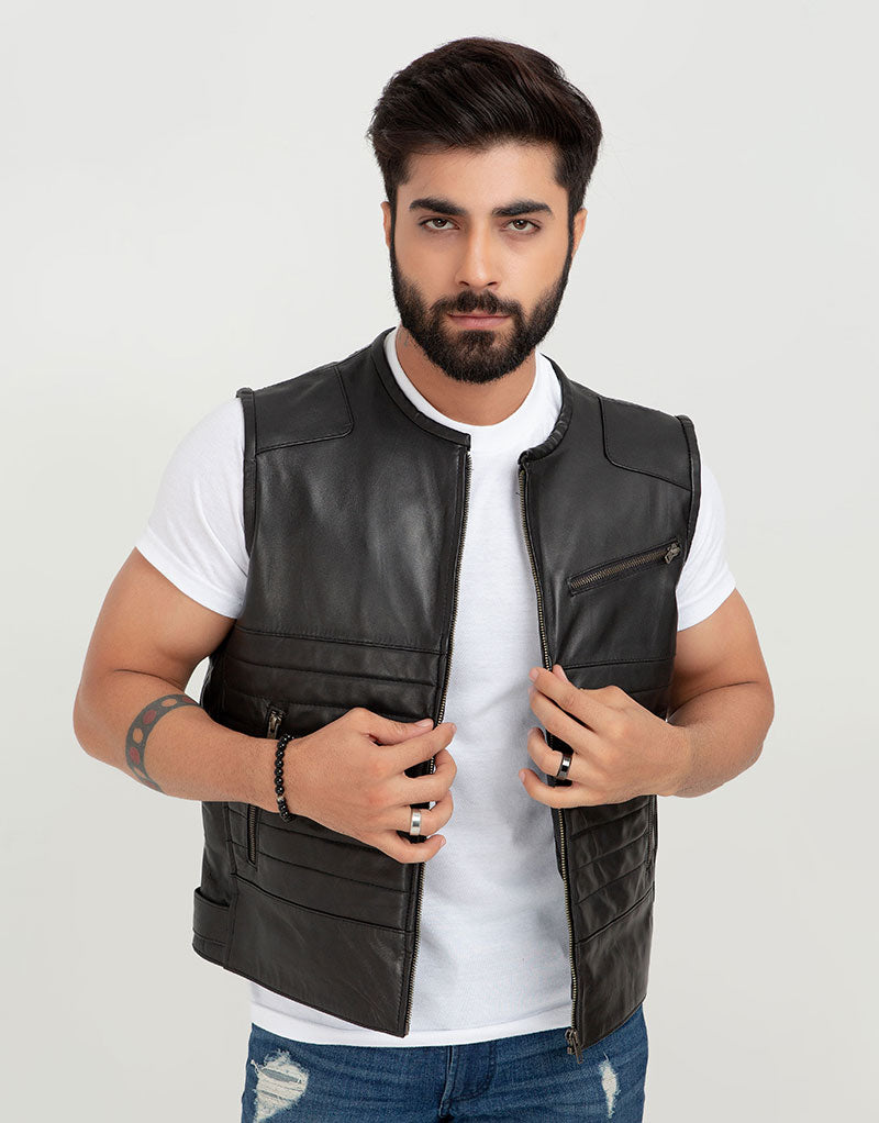 Brady Metallic Black Leather Vest - Front