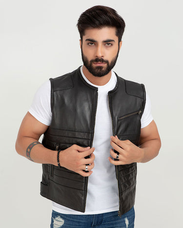 Brady Metallic Black Leather Vest - Front