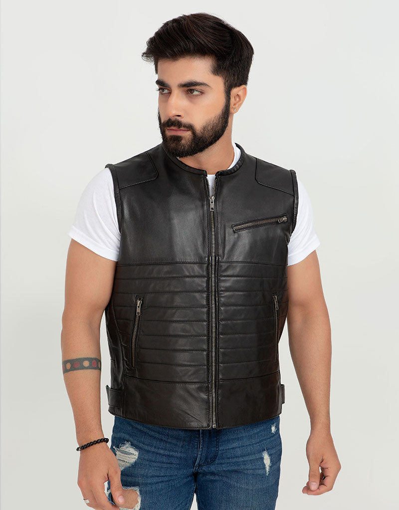 Brady Metallic Black Leather Vest - Zipped