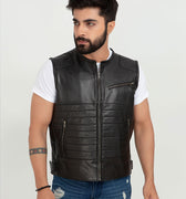 Brady Metallic Black Leather Vest - Zipped