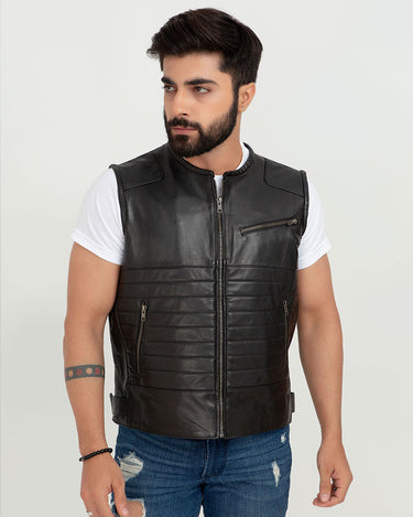 Brady Metallic Black Leather Vest - Zipped