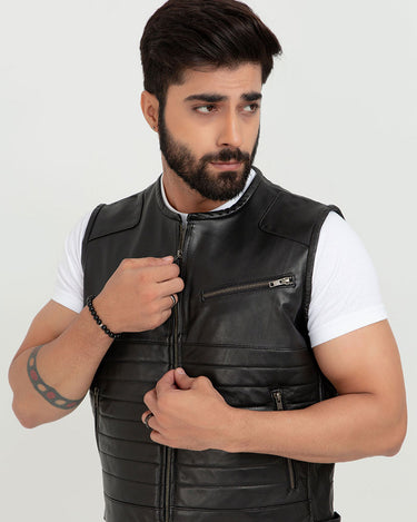 Brady Metallic Black Leather Vest - Zoom