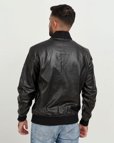 Bryce Snug Black Leather Bomber Jacket - Back