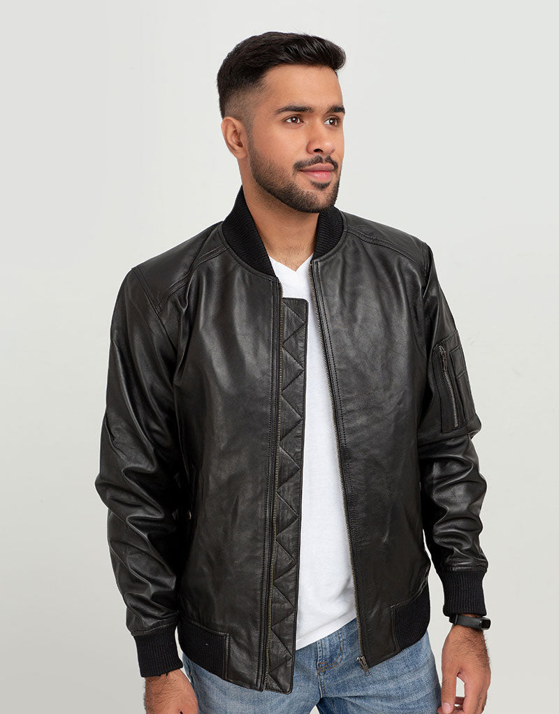 Bryce Snug Black Leather Bomber Jacket - Front