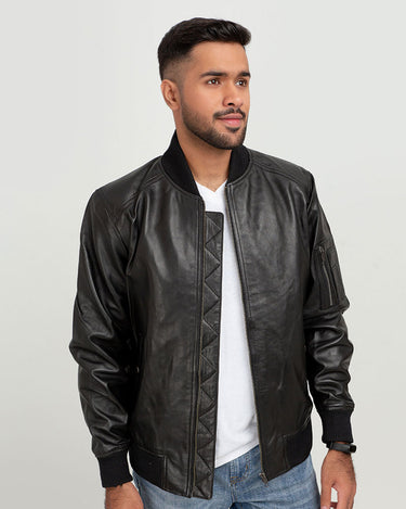 Bryce Snug Black Leather Bomber Jacket - Front