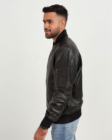 Bryce Snug Black Leather Bomber Jacket - Left