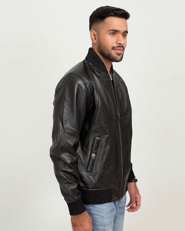 Bryce Snug Black Leather Bomber Jacket - Right