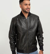 Bryce Snug Black Leather Bomber Jacket - Zipped