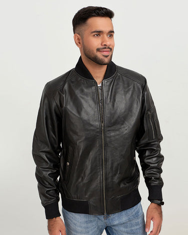 Bryce Snug Black Leather Bomber Jacket - Zipped