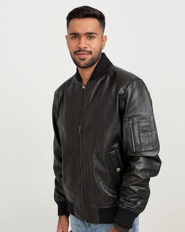 Bryce Snug Black Leather Bomber Jacket - Zoom