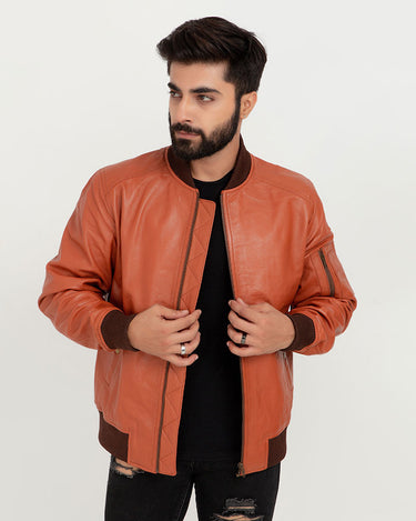 Bryce Snug Brown Leather Bomber Jacket - Front