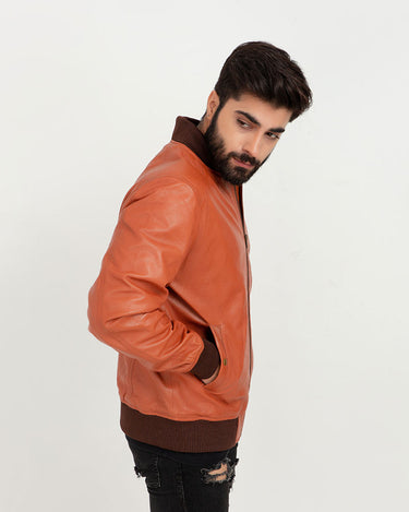 Bryce Snug Brown Leather Bomber Jacket - Left