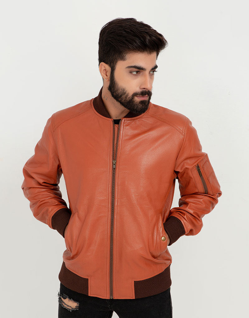 Bryce Snug Brown Leather Bomber Jacket - Zipped