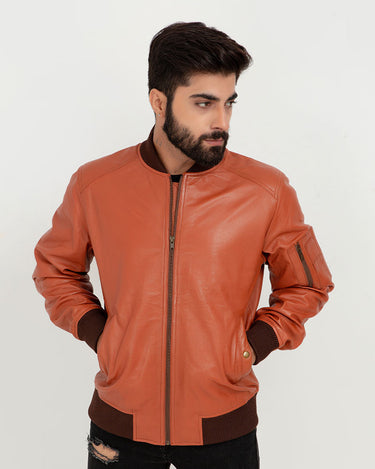 Bryce Snug Brown Leather Bomber Jacket - Zipped