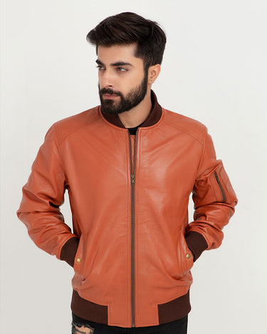 Bryce Snug Brown Leather Bomber Jacket - Zoom