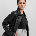 Camilla Stud-Embellished Black Leather Jacket - Front