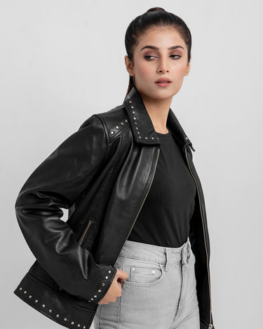 Camilla Stud-Embellished Black Leather Jacket - Front