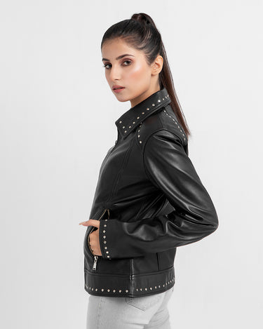 Camilla Stud-Embellished Black Leather Jacket - Right