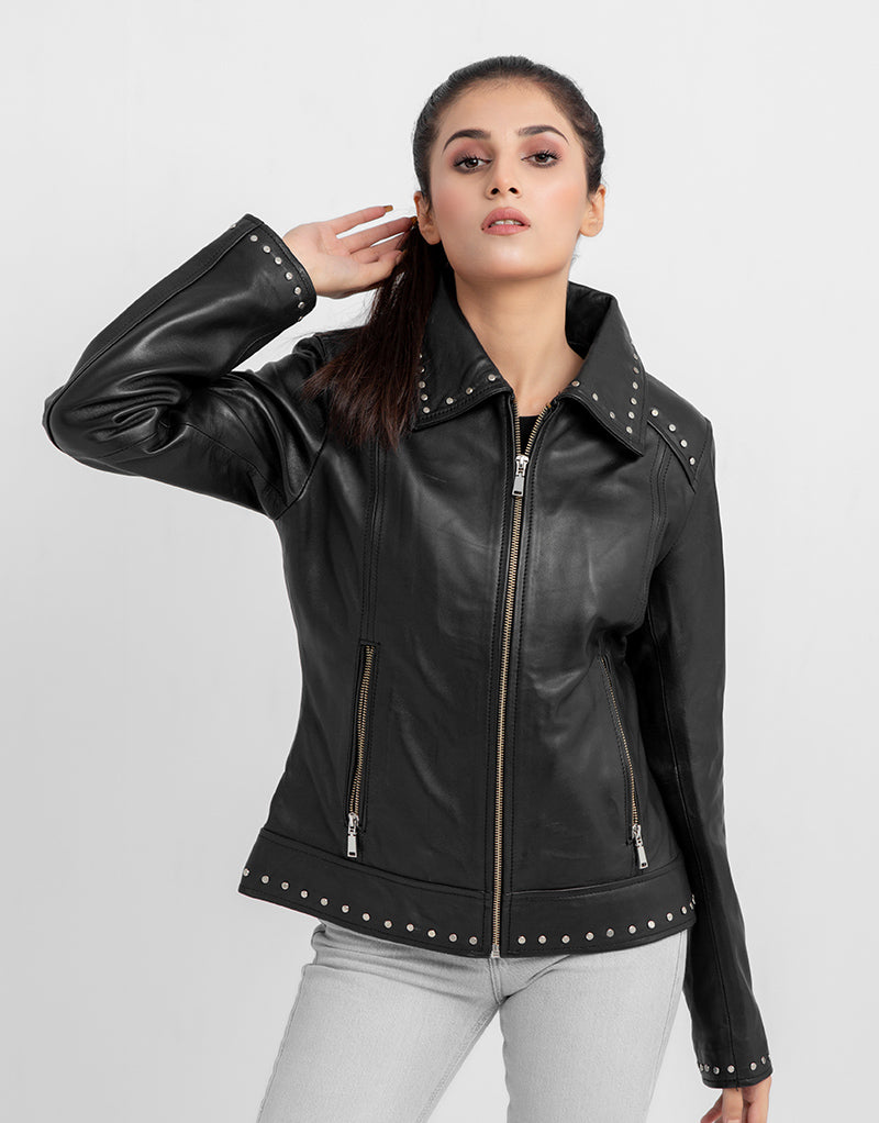 Camilla Stud-Embellished Black Leather Jacket - Zipped