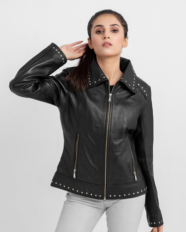 Camilla Stud-Embellished Black Leather Jacket - Zipped