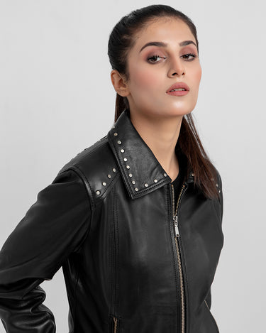 Camilla Stud-Embellished Black Leather Jacket - Zoomed