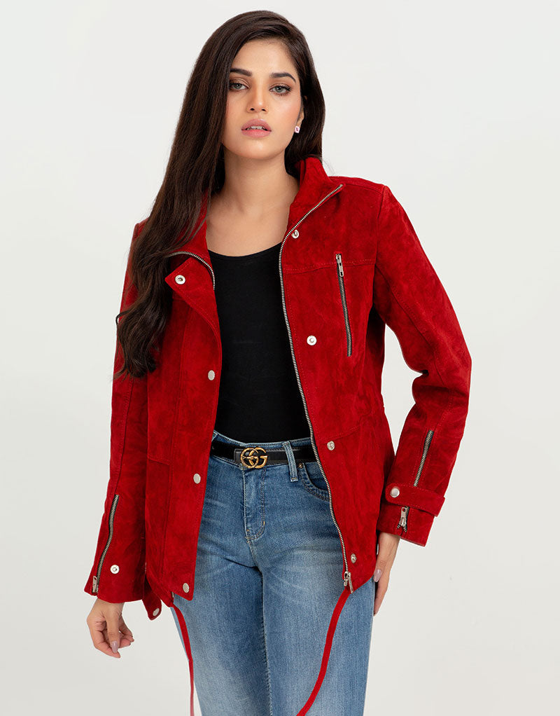 Cherry Blossom Suede Biker Leather Jacket - Front