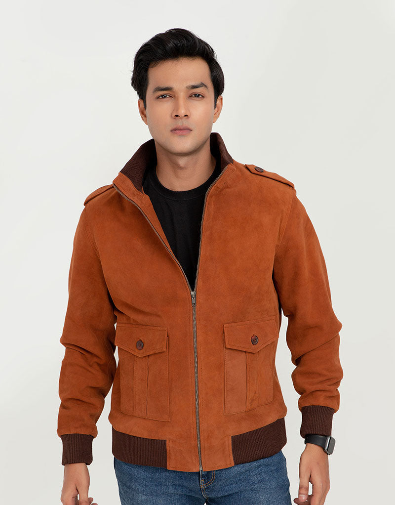 Colt Tan Suede Bomber Leather Jacket - Zipped