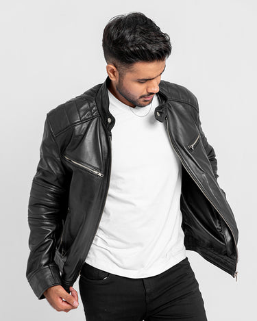 Connery Black Leather Moto Jacket - Front