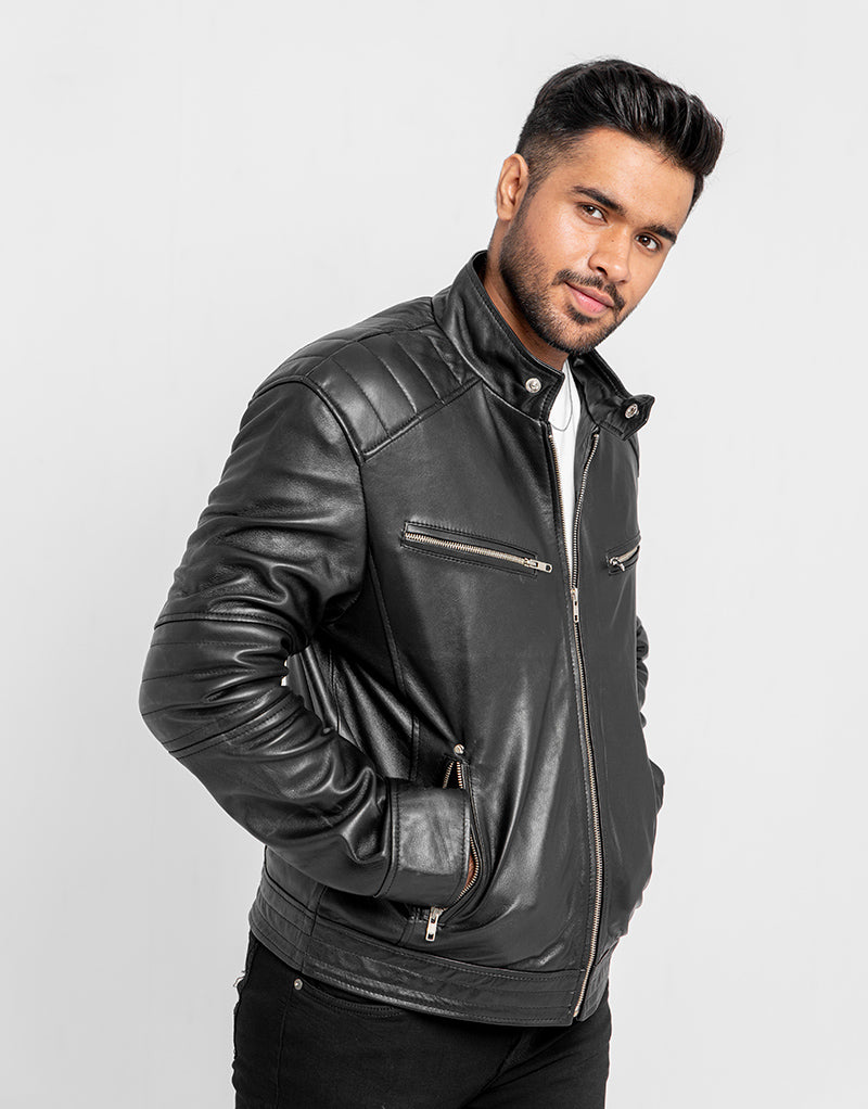 Connery Black Leather Moto Jacket - Left