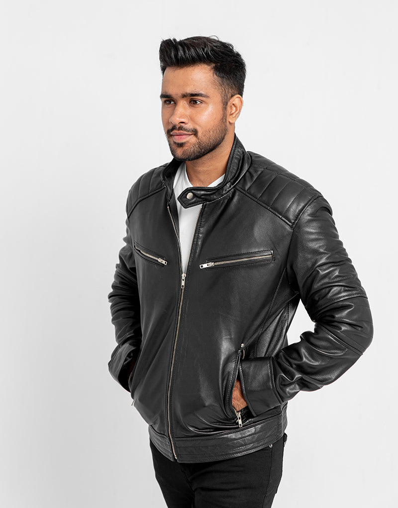 Connery Black Leather Moto Jacket - ZIpped