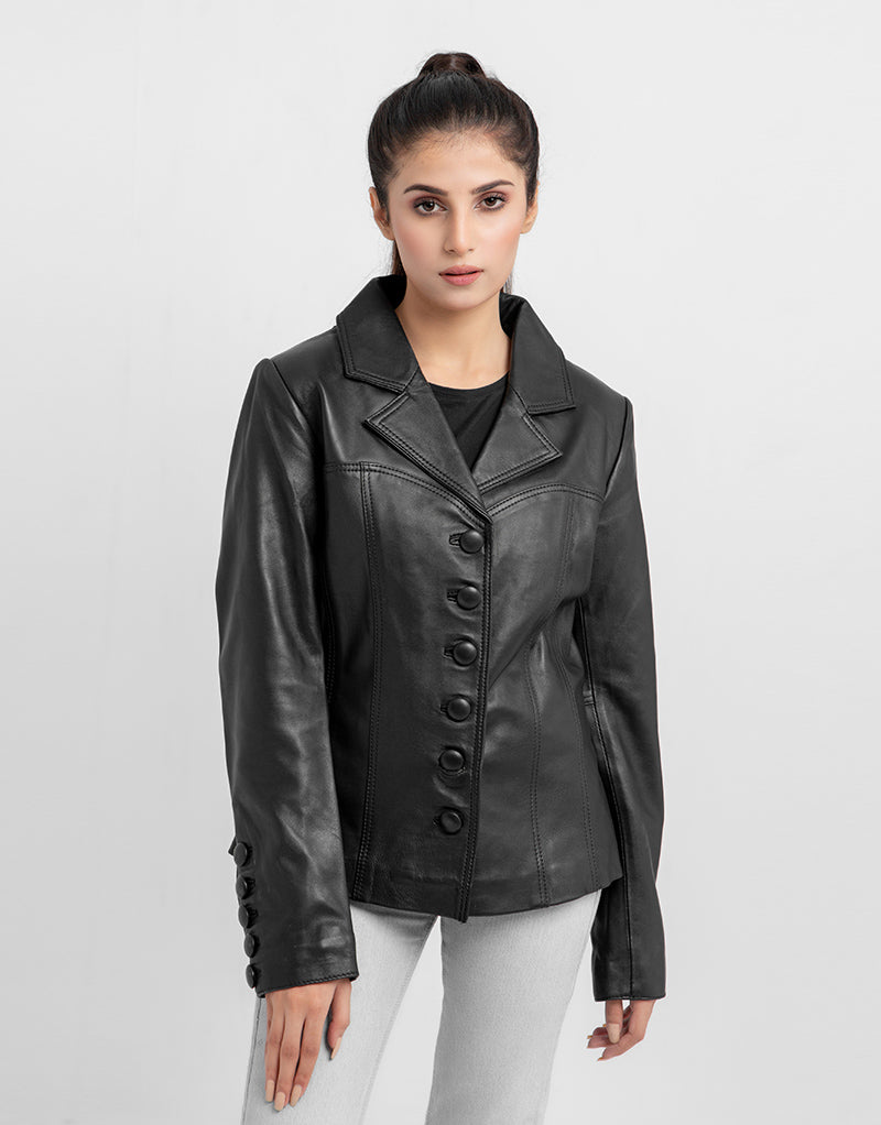 Constance Corset Black Leather Buttoned Jacket - Buttoned