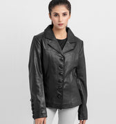 Constance Corset Black Leather Buttoned Jacket - Buttoned