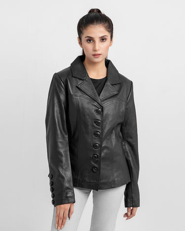 Constance Corset Black Leather Buttoned Jacket - Buttoned