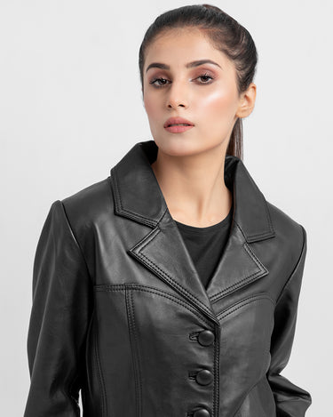 Constance Corset Black Leather Buttoned Jacket - Zoomed