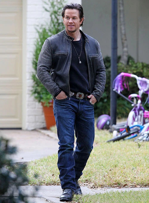 Daddys Home Mark Wahlberg Distressed Black Leather Jacket