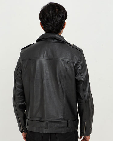 Damon Black Leather Belted Biker Jacket - Back