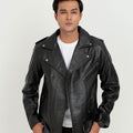 Damon Black Leather Belted Biker Jacket - Front