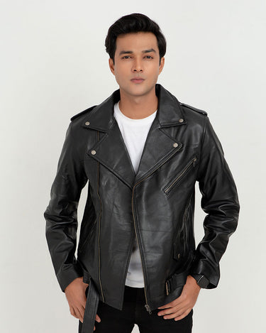 Damon Black Leather Belted Biker Jacket - Front