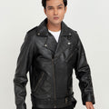 Damon Black Leather Belted Biker Jacket - Left