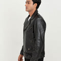 Damon Black Leather Belted Biker Jacket - Side