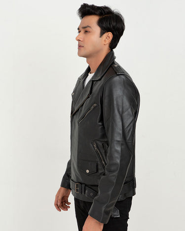 Damon Black Leather Belted Biker Jacket - Side